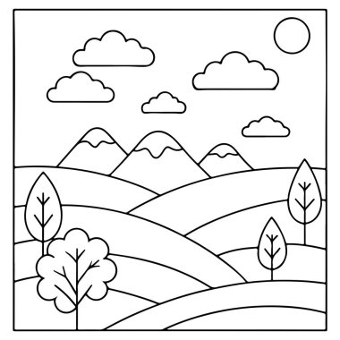 Tepeleri olan kırsal bölge. Çocuklar için güneş ve ağaçlar. Kitap tasviri.