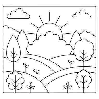 Çocuklar için güneşli tepeler ve bulutlar neşe dolu manzara sayfası illüstrasyonu