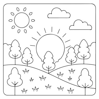 Güneş ve ağaç vektör illüstrasyonlu çocuklar için basit siyah ve beyaz kırsal