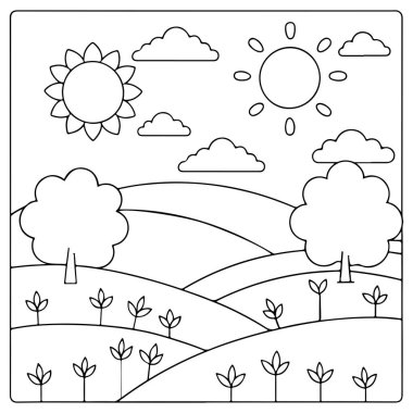 Çocuklar için güneşli bir manzara Ağaçlı tepeler ve mutlu bulutlar vektör çizimi