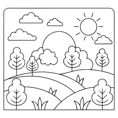 Güneş bulutlu tepeler ve ağaçlar eğlence için çocuklar sayfa illüstrasyonunu boyuyor