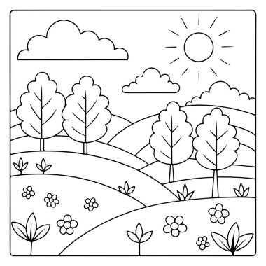 Güneşli tepeler ağaçlar çiçekler ve bulutlar çocukların vektör çizimleri için sıraya dizilmişler.