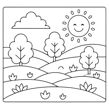 Boyama kitapları için dingin dağlar, ağaçlar ve güneş ışığı ve çocuk aktiviteleri vektör illüstrasyonu