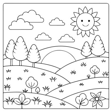 Genç çocukların resimlerini boyamak için tepeleri ve güneşi olan huzurlu bir manzara.