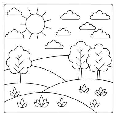 Yumuşak bulutlu tepeler ve mutlu siyah beyaz manzaralı güneş çocuk vektör illüstrasyonları