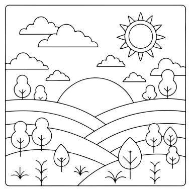 Çocuklar için resimlendirme kitabı boyama için çimenli tepeler ve bulutlar üzerinde gülümseyen güneş