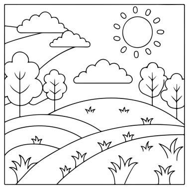 Parlak güneşli, kabarık bulutlu ve tepeli çocuk resimli kitap manzarası.