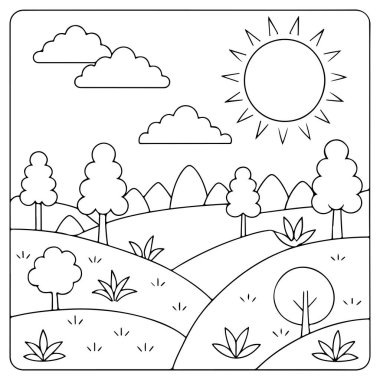 Çocuklar için mutlu güneşi olan güneşli tepeler ve ağaçlar kitap resimlerini boyuyor.
