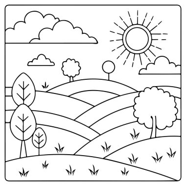 Kırsal tepelerin üzerinde parlak güneş ve çocukların ağaçlarında sayfa vektör çizimi