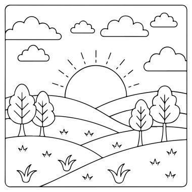 Boyama kitabı sayfaları illüstrasyonu için günbatımı gökyüzü ile sakin ülke tepeleri