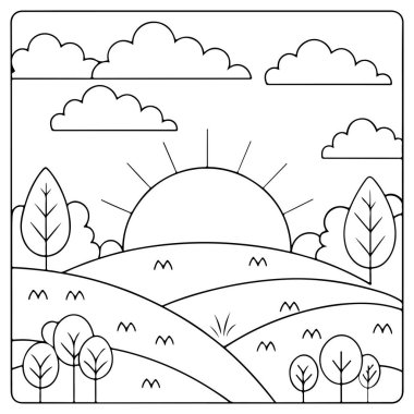 Renklendirme kitabı illüstrasyonu için güneş bulutları ve ağaçlarla dolu huzurlu bir kır manzarası.