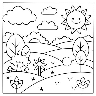 Mutlu güneş ve renk vektörü illüstrasyonu için çiçekler olan bahar kırsalları