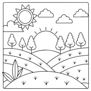 Çocuklar için güneşli kır ağaçları ve tepeler boyama faaliyetleri vektör illüstrasyonları