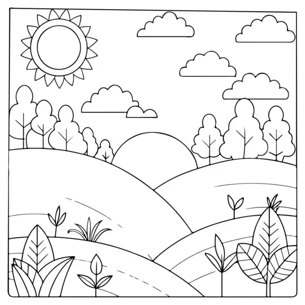 Eğlendirme kitabı illüstrasyonu için neşeli tepeler, güneş ve ağaçlar.