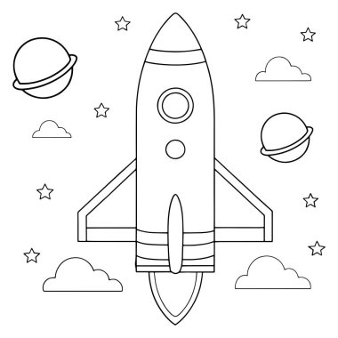 Uzay keşfi teması için vektör illüstrasyonunda gezegenler ve yıldızlarla roket fırlatma renklendirme sayfası