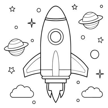 Dış uzaya yıldızlarla ve gezegenlerle birlikte temiz bir vektör çiziminde uçan ana hatlı bir roket gemisi.