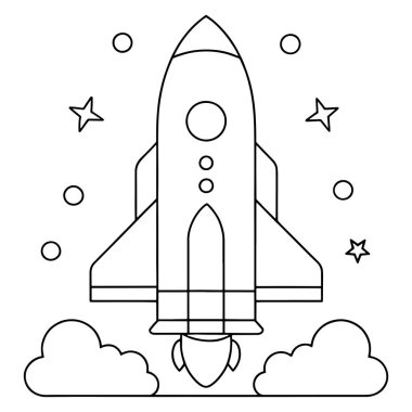 Gezegen arkaplanı temiz ve eğlenceli bir vektör illüstrasyonunda uzay roketi renklendirme sayfası
