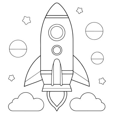 Uzay roketi boyama sayfası Yıldız gezegenleri ve başlangıç sahnesi çizimi olan çocuklar için tasarım