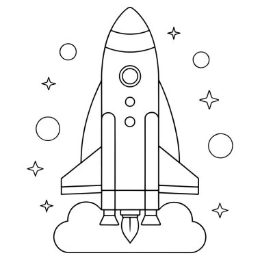 Çocukların yaratıcı eğlence vektörü illüstrasyonları için uzay roketi ve kalem tasarımını gösteren defter boyama sayfası