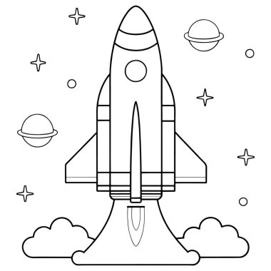 Uzayda yıldızlı ve gezegenli bir roket gemisi en az gezegen arkaplan çizimine sahip.