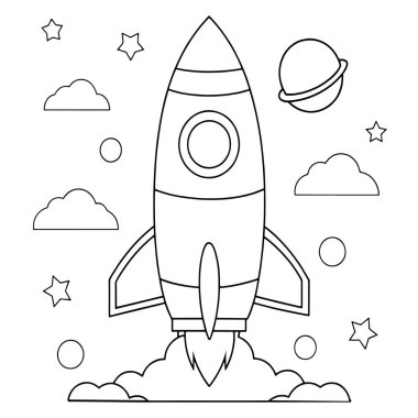 Yıldız ve bulutlarla roket fırlatma basit çizgi çizgisi sanat tasarımı ve kozmik tema vektörü illüstrasyonu