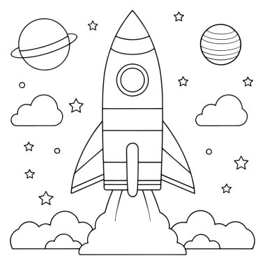 Çizgi film roket gemisi yıldızlarla ve gezegenlerle birlikte eğlenceli renkli sayfa çizimi ile uzaya fırlıyor.