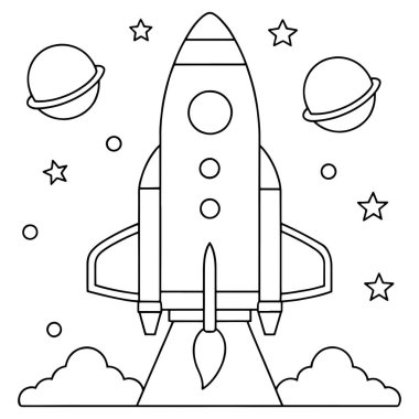 Uzay vektörü illüstrasyonunda parlayan yıldızlar ve gezegenlerle evrende süzülen ana hatlı bir roket gemisi