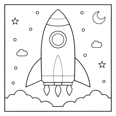 Uzay boşluğunda sürüklenen basit bir roket gemisi. Etrafı yıldızlarla çevrili. Temiz ve modern vektör çizimi.