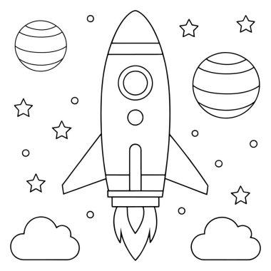 Gezegenlerin ve yıldızların bulunduğu roket fırlatma sahnesi temiz uzay temalı bir vektör illüstrasyonunda özetlenmiştir.