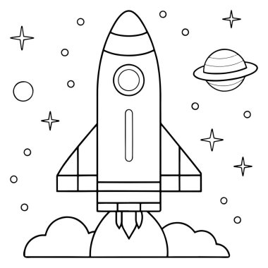 Gezegenler de dahil olmak üzere galaksi arkaplanlı bir roket fırlatma ve bu vektör illüstrasyonunda parıldayan bir yıldız gecesi