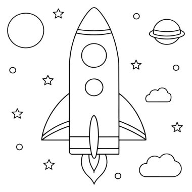 Çizgi sanatı uzay roketi yıldızlar ve ay ile minimum gece gökyüzü teması illüstrasyonunda uçar