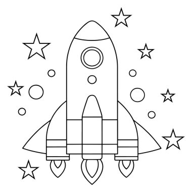 Öğrenmek için uzay temalı eğlenceli bir vektör illüstrasyonunda çocuk boyama faaliyetleri için şirin bir roket