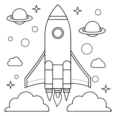 Gezegenlerde kozmik ve temiz bir uzay vektörü çiziminde uçan asgari roket ana hatları