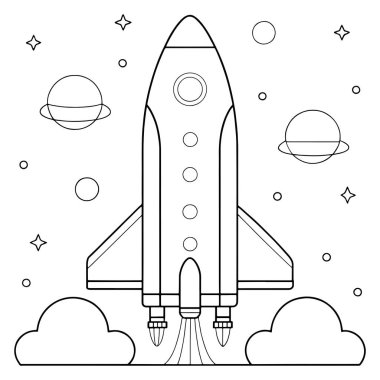 Uzay keşfi sahnesi, roket ve parlayan yıldızları yaratıcı bir gece evreni çiziminde gösteriyor.