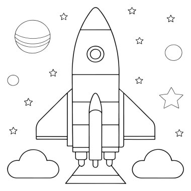 Çizgi film stili roket uzayda eğlenceli ve ilgi çekici bir uzay vektörü çizimi içinde yüzüyor.