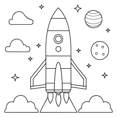 Roket gemisi uzaya fırlatılıyor. Uzay vektörü çiziminde yıldızlı bir arka plan var.