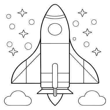Roket, sanatsal bir vektör illüstrasyonunda kozmik elementlerle parıldayan yıldızlı bir gökyüzüne doğru patlıyor.