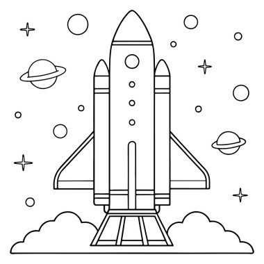 El çizimi roket, stilize edilmiş yıldızlı arka plan çizimi ile uzayda uçuyor.