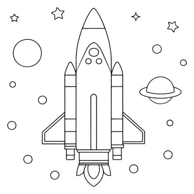 Çocuklar için basit bir uzay roketi ya da gezegen elementleriyle birlikte temiz bir vektör illüstrasyonunda eğitici renklendirme