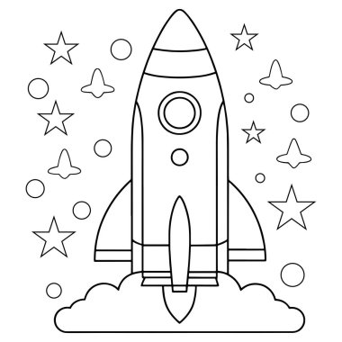 Yaratıcı uzay tasarımları için siyah ve beyaz vektör çizimi için roket ve yıldız karalama elementleri