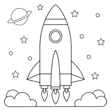 Roket gemisi bulutların arasında süzülüyor ve gece gökyüzü yıldızları temiz ve yaratıcı bir vektör çizimi yapıyor.