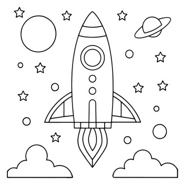 Galaktik seyahat temalı vektör illüstrasyonunda parlak yıldızların yanından geçen uzay gemisinin ana hatları