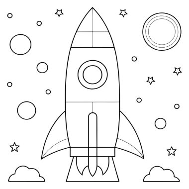 Siyah ve beyaz roket çizimi yıldızları ve galaksi şekillerini temiz bir uzay vektörü çiziminde gösteriyor