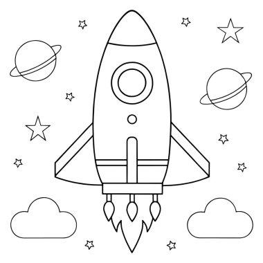Şirin tasarım elementleri ve karikatür gezegen manzara çizimi ile uzayda yüzen roket