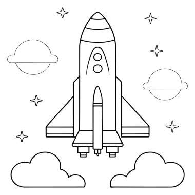 Uydu yıldızları ve kozmik arkaplanı uzay vektörü çizimi için mükemmel olan satır sanatı tarzında roket fırlatma