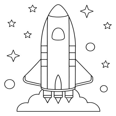 Gezegeni olan çocuklar için roket renklendirme etkinliği ve eğlenceli bir uzay temalı vektör illüstrasyonunda parlayan yıldızlar
