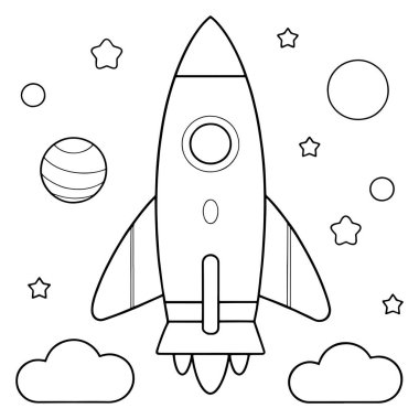 Çizgi film roketi uzayda gezegenler ve yıldızlarla çocuk arkadaşça bir eğlence vektörü illüstrasyonunda yakınlaşıyor