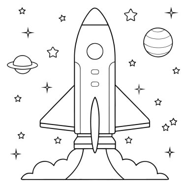Uzay roketi boyama kitabı tasarımında yıldızlar ve gezegenler eğlenceli bir eğitici temalı vektör illüstrasyonunda