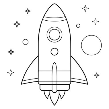 Çocuklar için roket gemisi çizilmiş biçim vektör illüstrasyonunda sayfalar yıldız ve uzay elemanları ile boyuyor