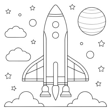 Uzayda çocuklar için gezegenler ve yıldızlarla ana hatları çizilmiş roket fırlatma veya uzay sanatı çizimi